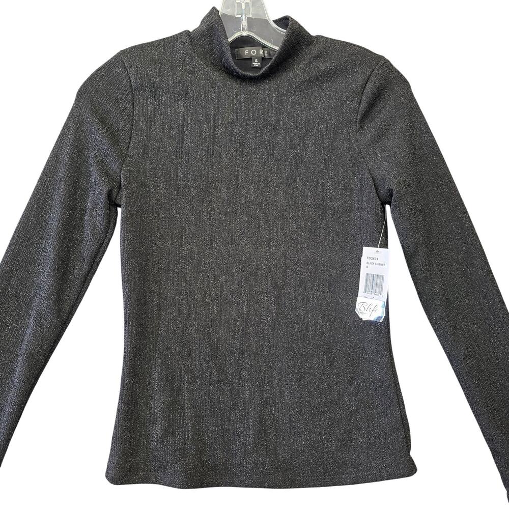 Fore Black Shimmer Shirt NEW Glittery Long Sleeves Mock Turtleneck Womens Size S